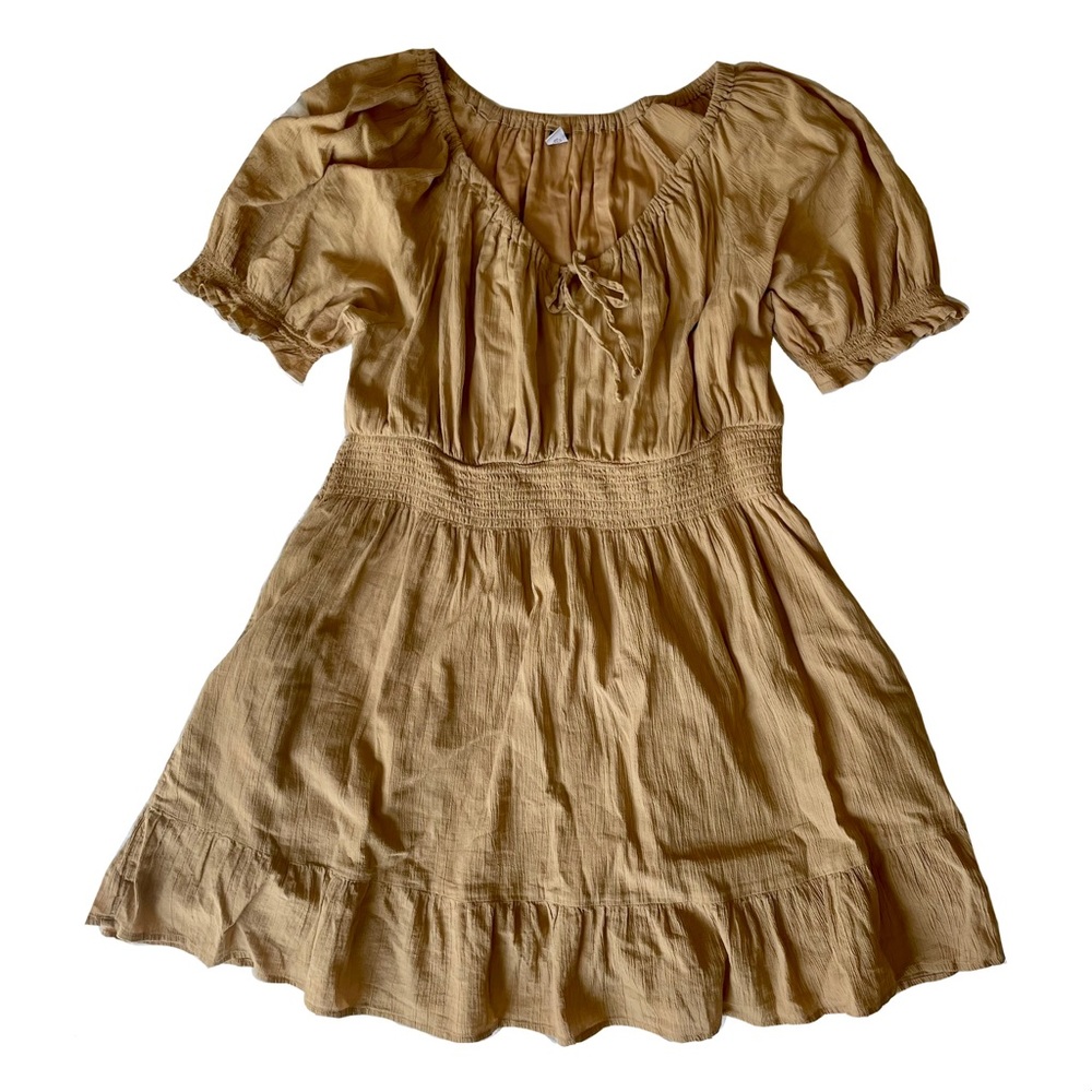 Old Navy Puff Sleeve Tan Cotton Neutral Flouncy Cottagecore Mini Dress Size XL
